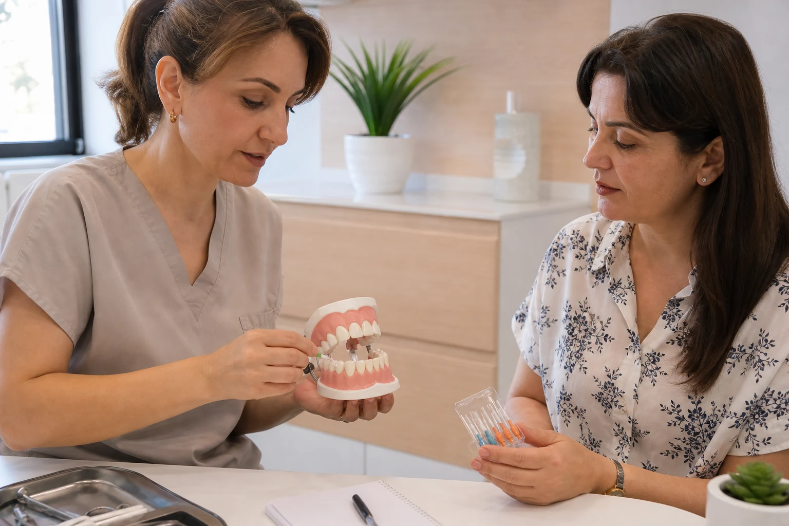 Diş modeli üzerinde ara yüz temizliğini anlatan diş hekimi