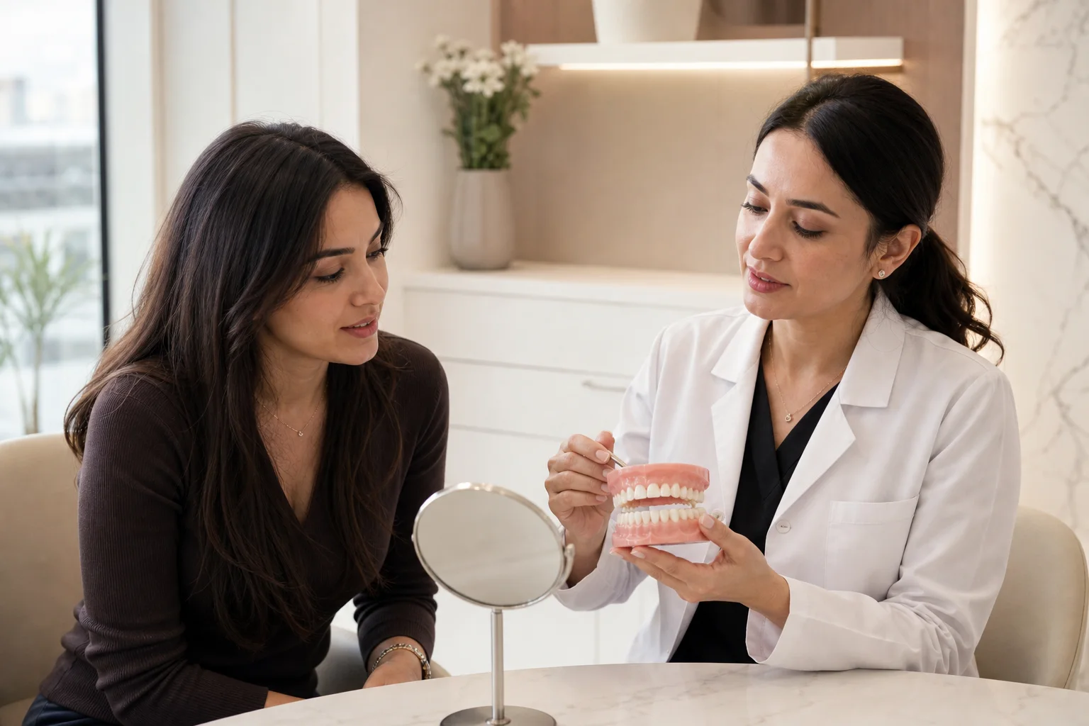 Diş modeli üzerinden Hollywood Smile seçeneklerini hastasına anlatan diş hekimi