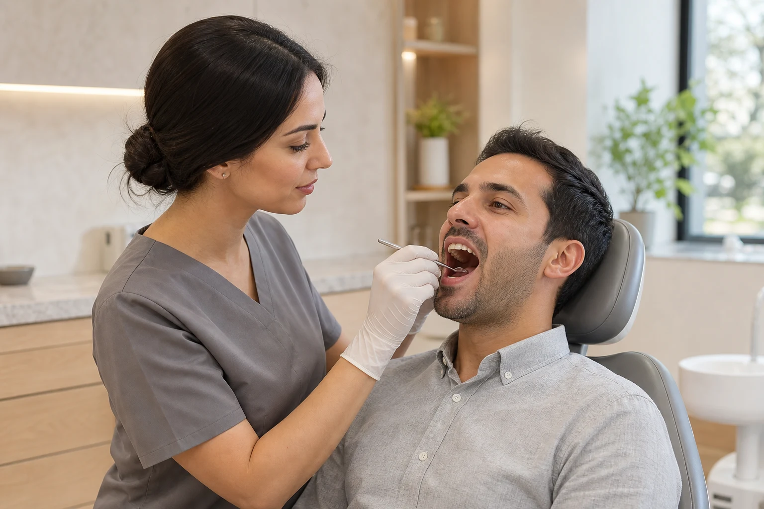 Arka dişleri ve çevre dokuları klinik olarak muayene eden diş hekimi