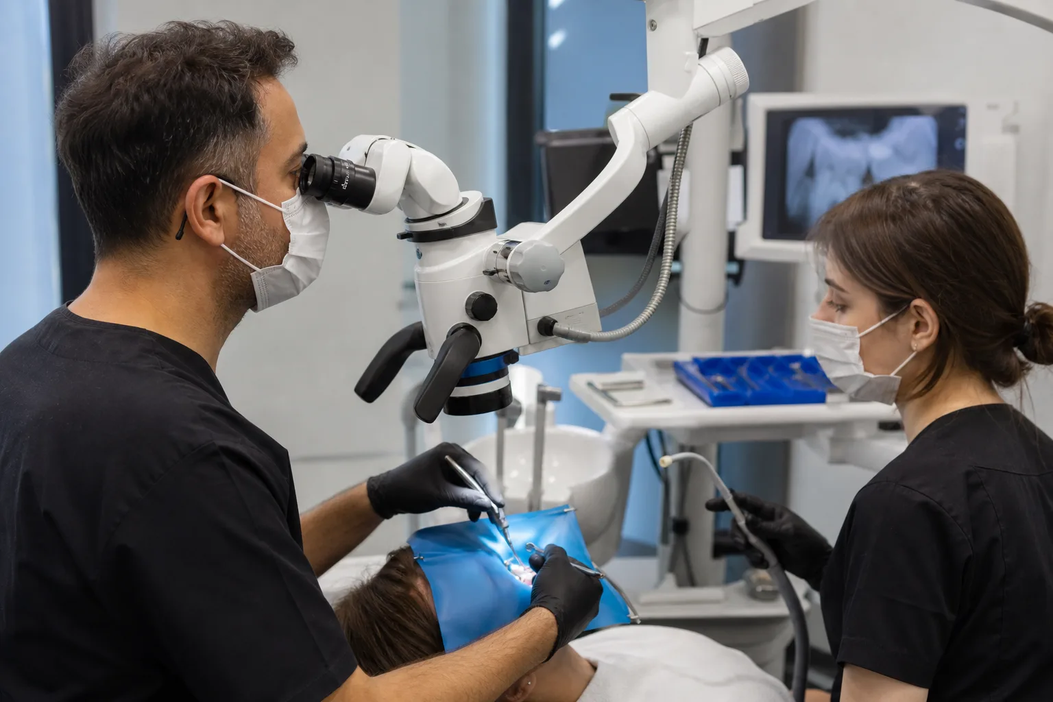 Dental mikroskop ve rubber dam altında gerçekleştirilen kanal tedavisi