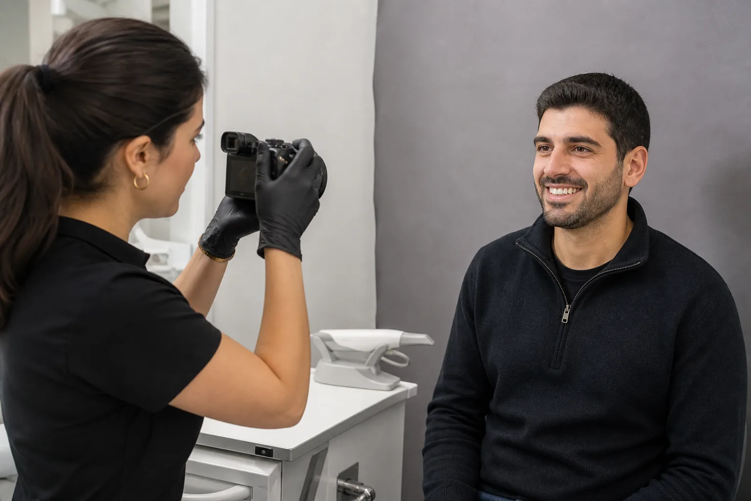 Yaprak diş kaplama için standart gülüş fotoğraflarının çekilmesi